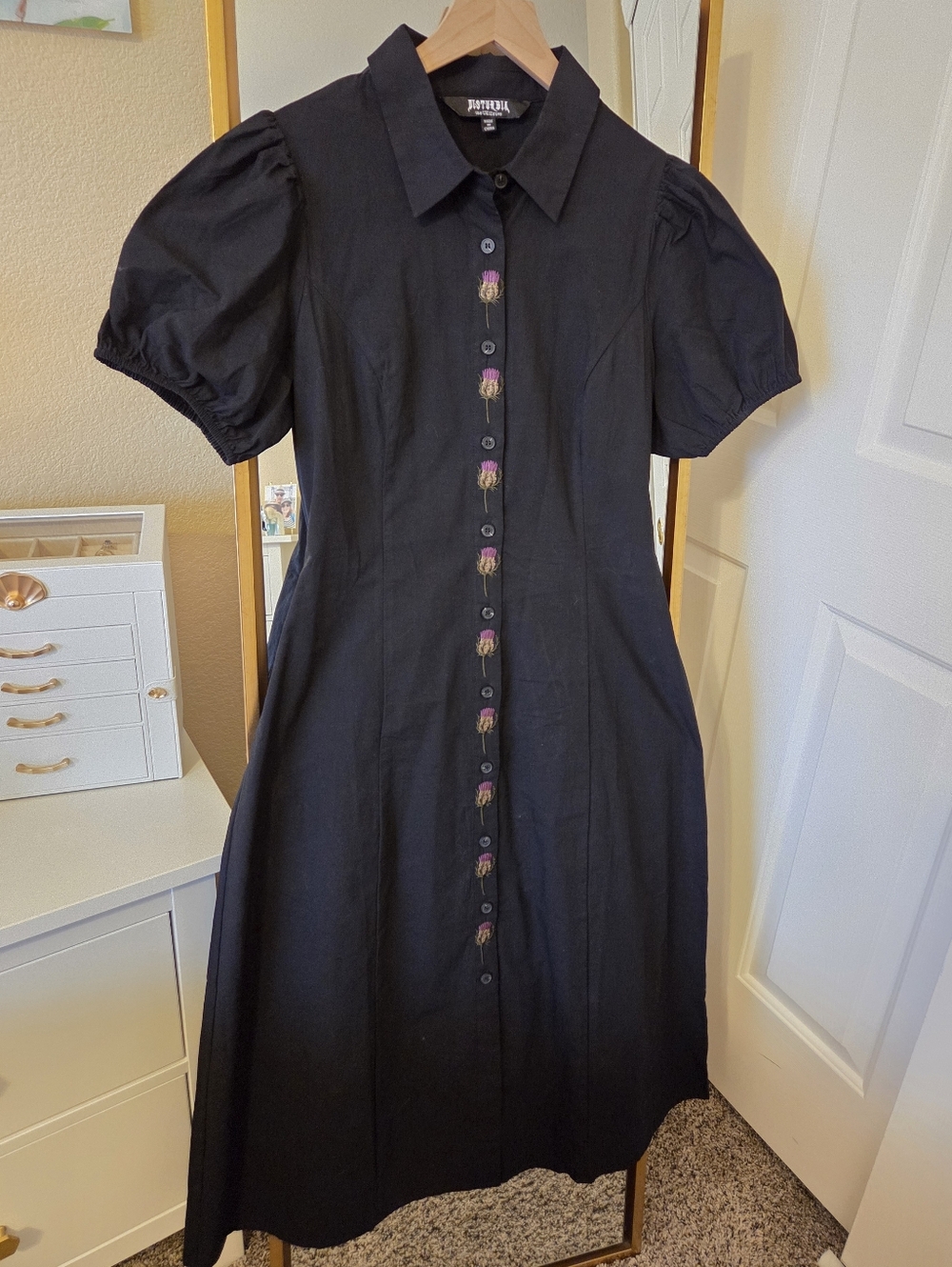Disturbia Dispair Cotton Thistle Embroidered Button Up Midaxi Dress UK 12 US 8